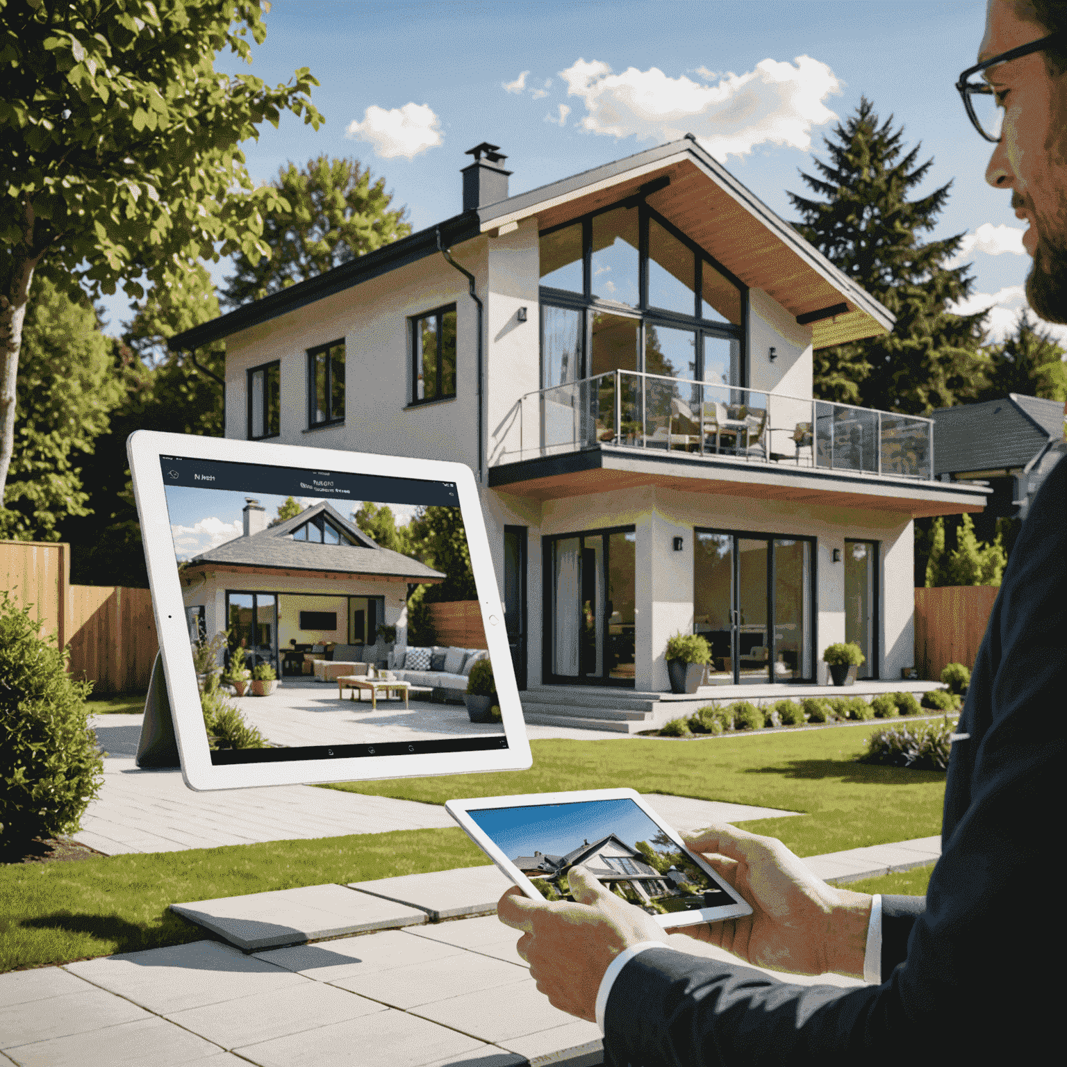 Imagen de una casa moderna con un agente inmobiliario mostrando propiedades en una tablet
