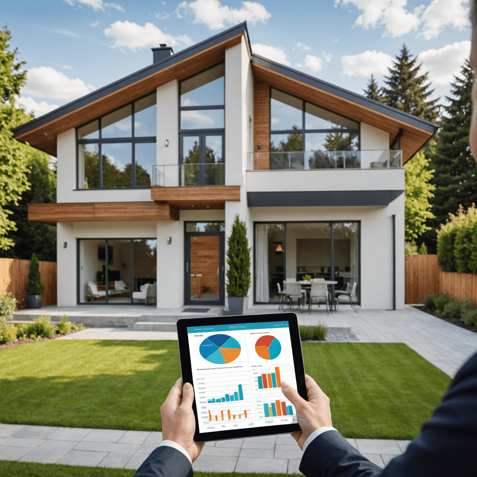 Imagen de una casa moderna con un agente inmobiliario mostrando una tableta con gráficos de valoración