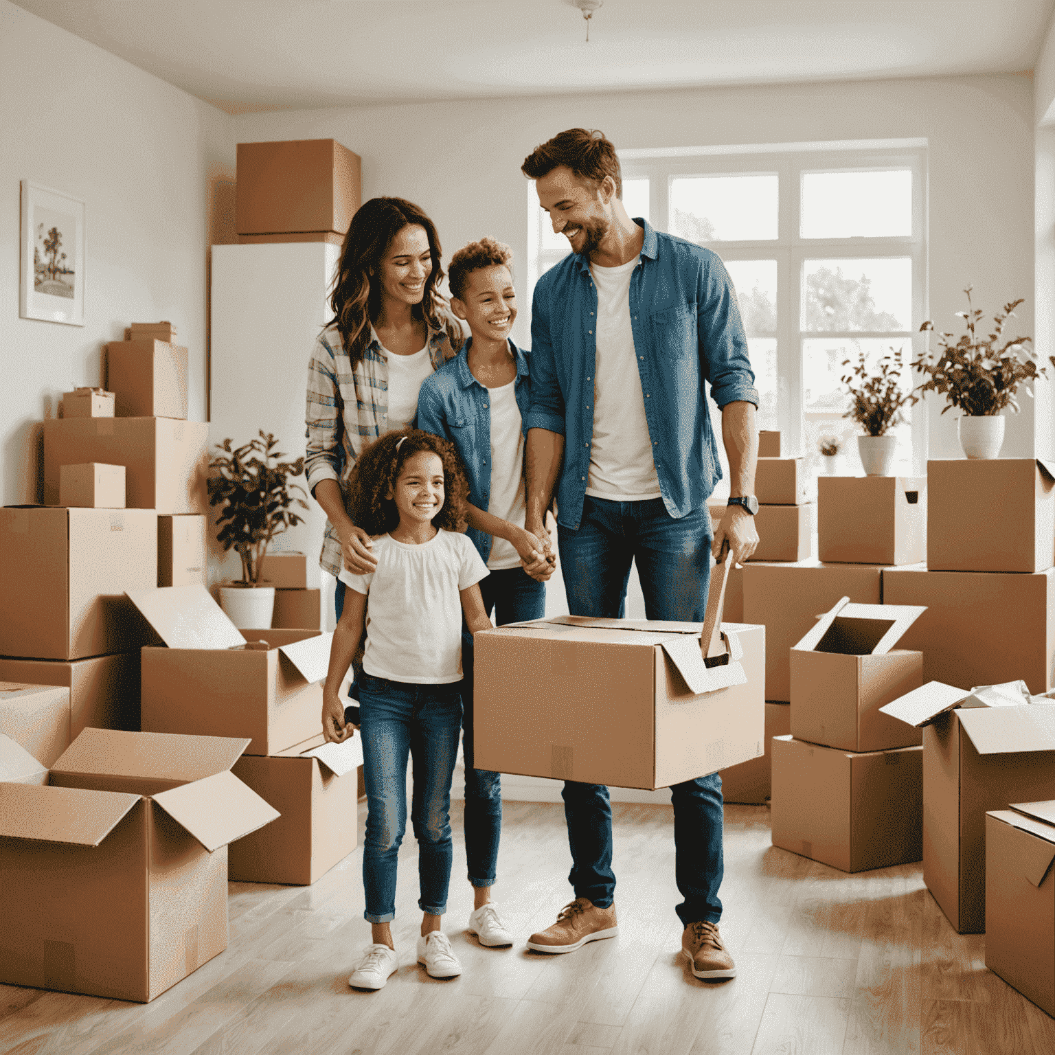 Imagen de una familia feliz mudándose a su nueva casa, con cajas de mudanza y muebles en el fondo