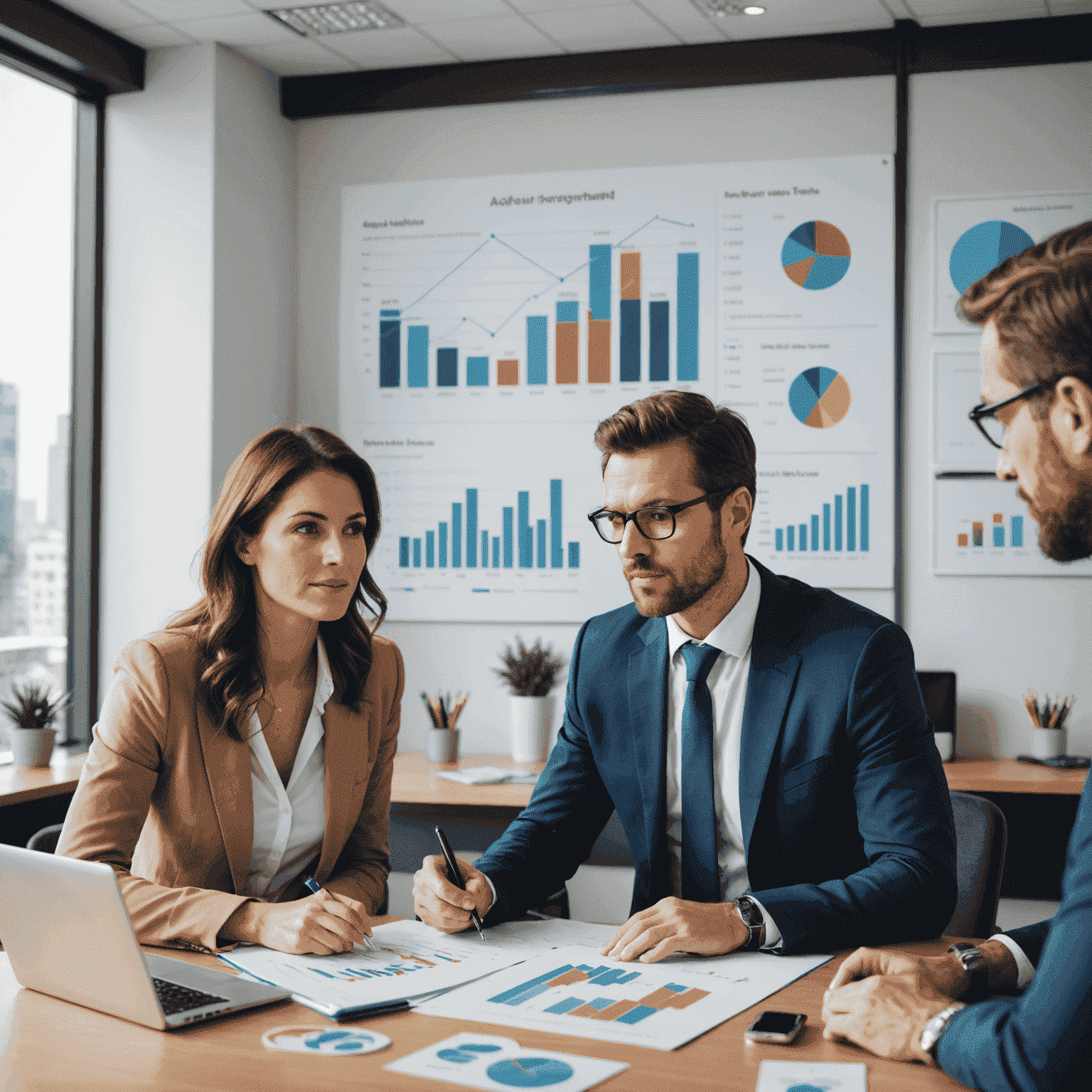 Imagen de un asesor de inversiones inmobiliarias explicando tendencias del mercado a un cliente en una oficina moderna con gráficos y modelos de propiedades en el fondo