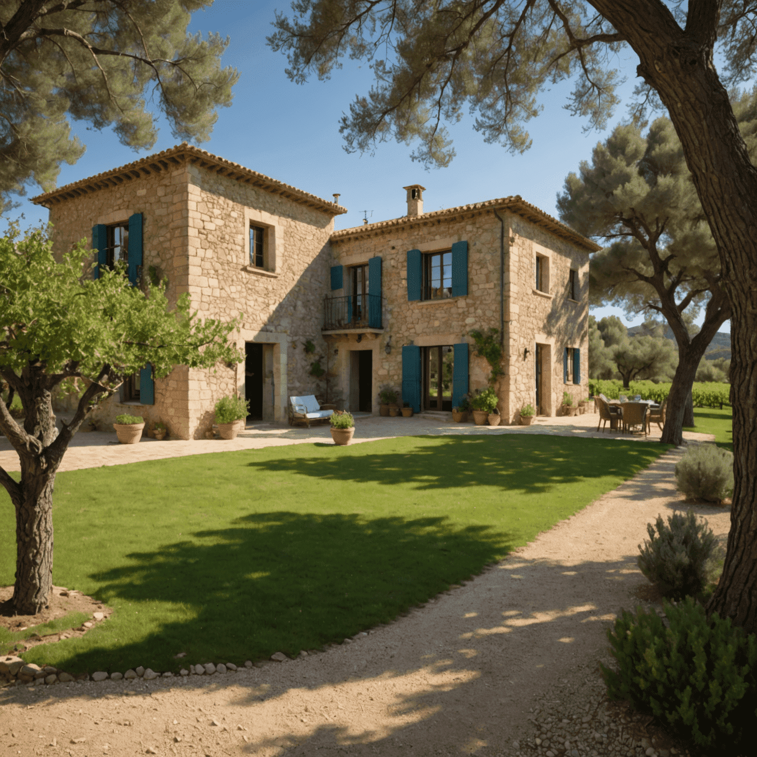 Casa rural restaurada en la campiña española con viñedos y olivares