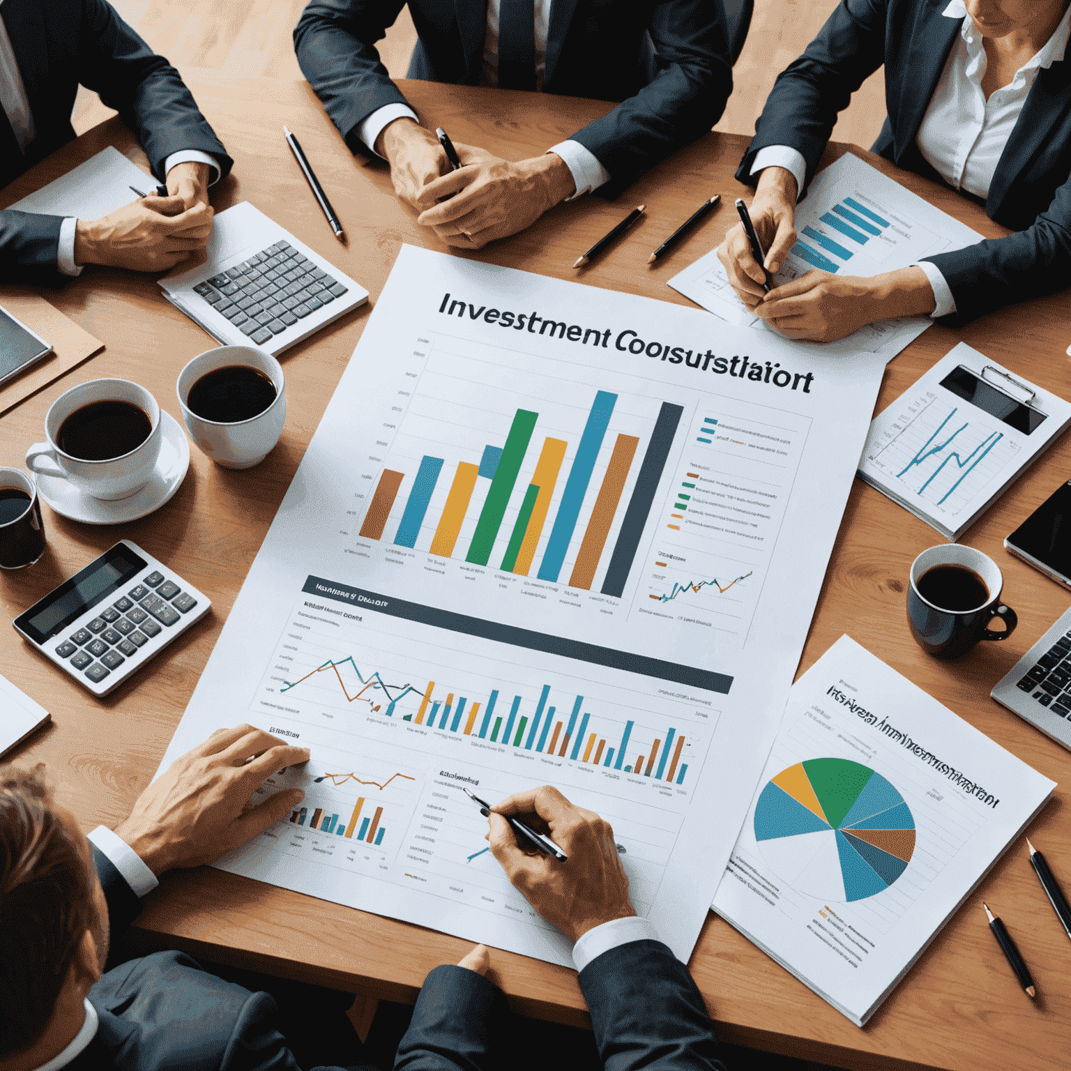 Reunión de consulta de inversión con gráficos de tendencias del mercado inmobiliario