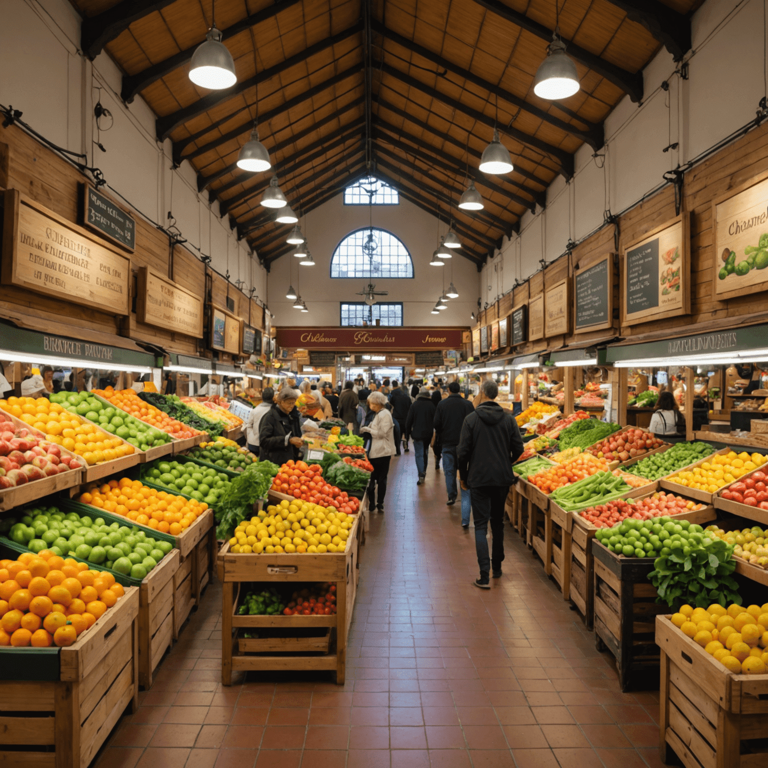Interior del renovado Mercado de Chamberí, mostrando puestos coloridos de frutas, verduras y productos gourmet
