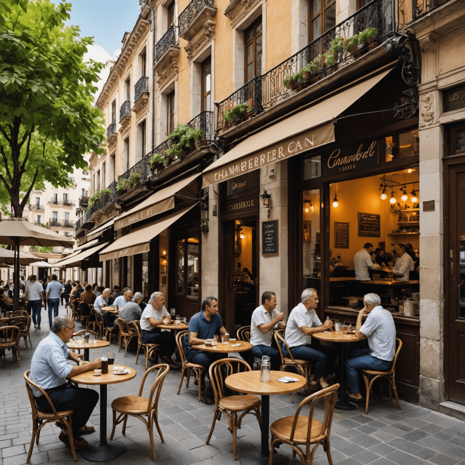 Terraza de un café típico de Chamberí, con mesas al aire libre y clientes disfrutando del ambiente