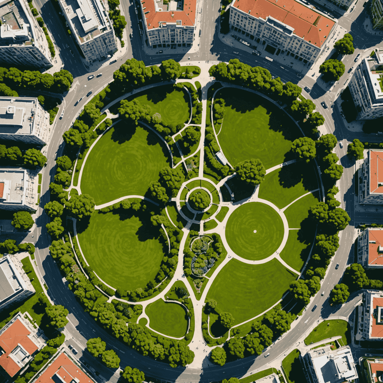 Vista aérea del Parque de Santander en Chamberí, mostrando sus senderos, áreas verdes y zonas de recreación